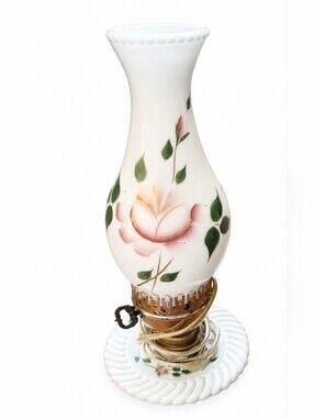 Vintage Milk Glass Floral Electric Accent Lamp Hand-Painted Pink Rose White Glas